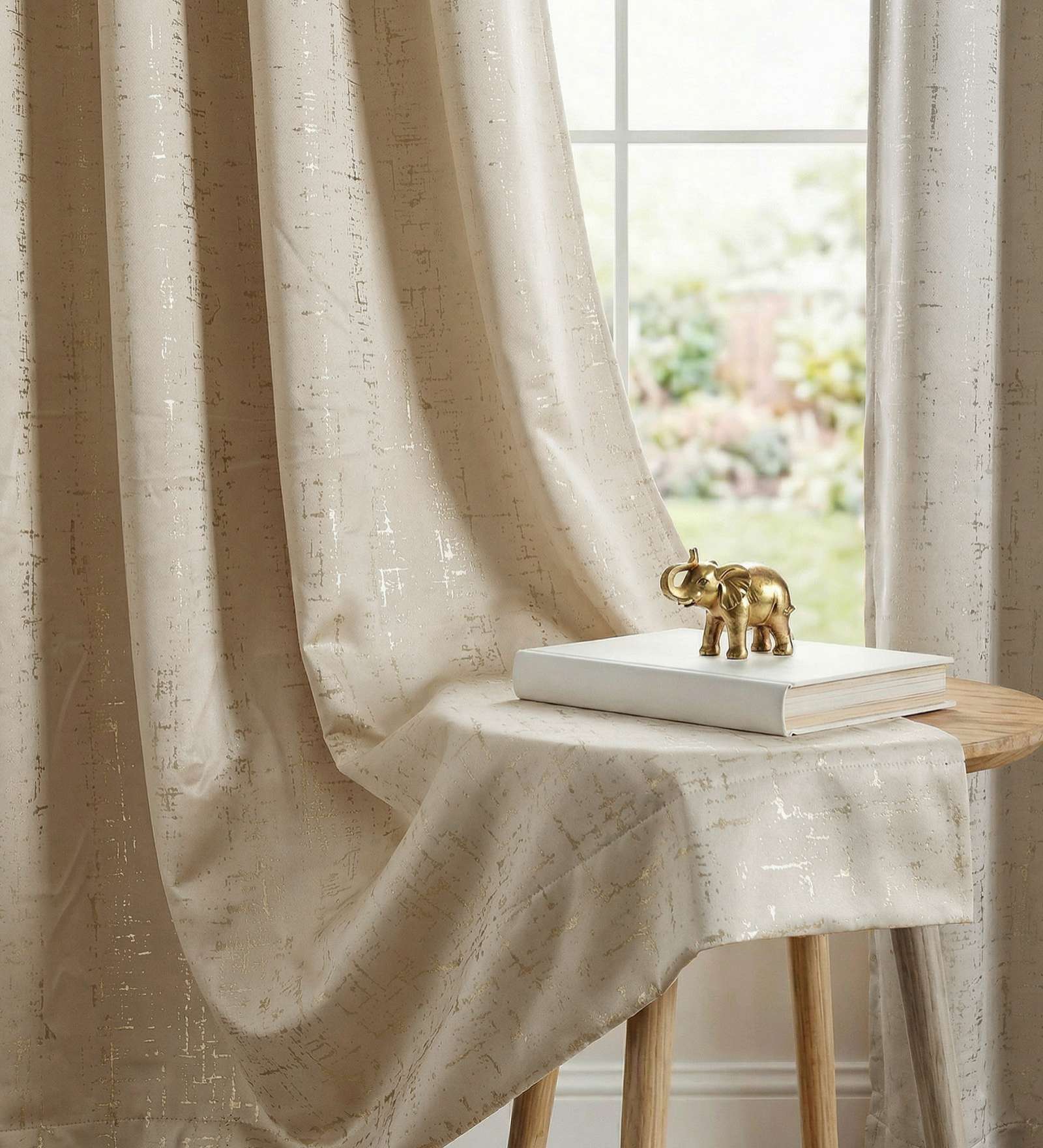 Sparkle Beige Foil Print Polyester Curtains for Long Door Pack of 2