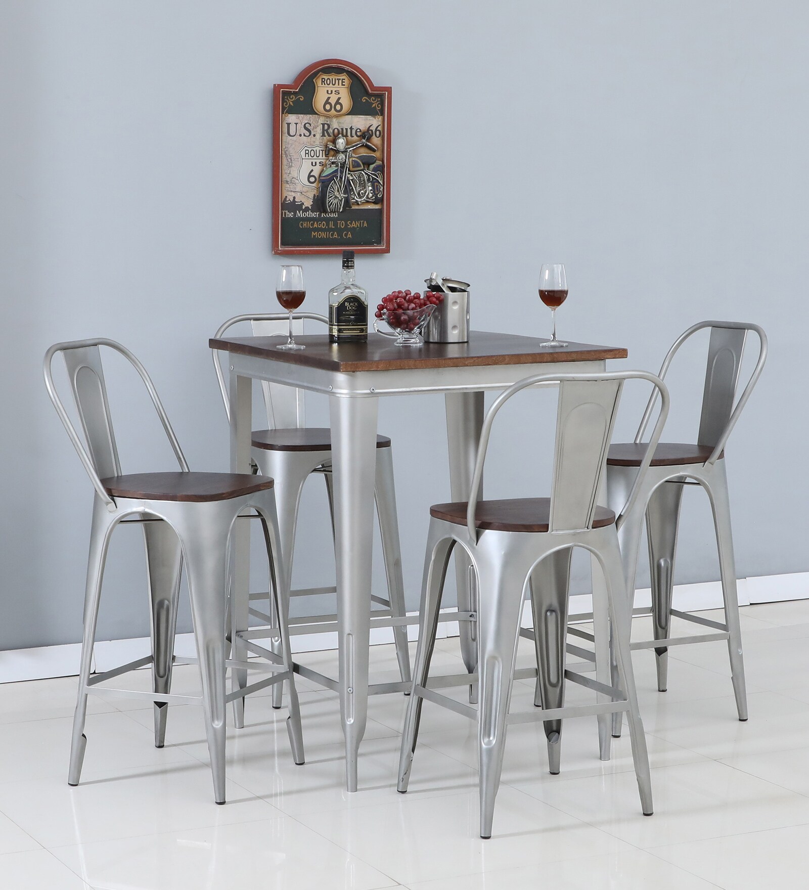 Spaulding Metal Bar Table Set in Silver Finish With 4 Chairs