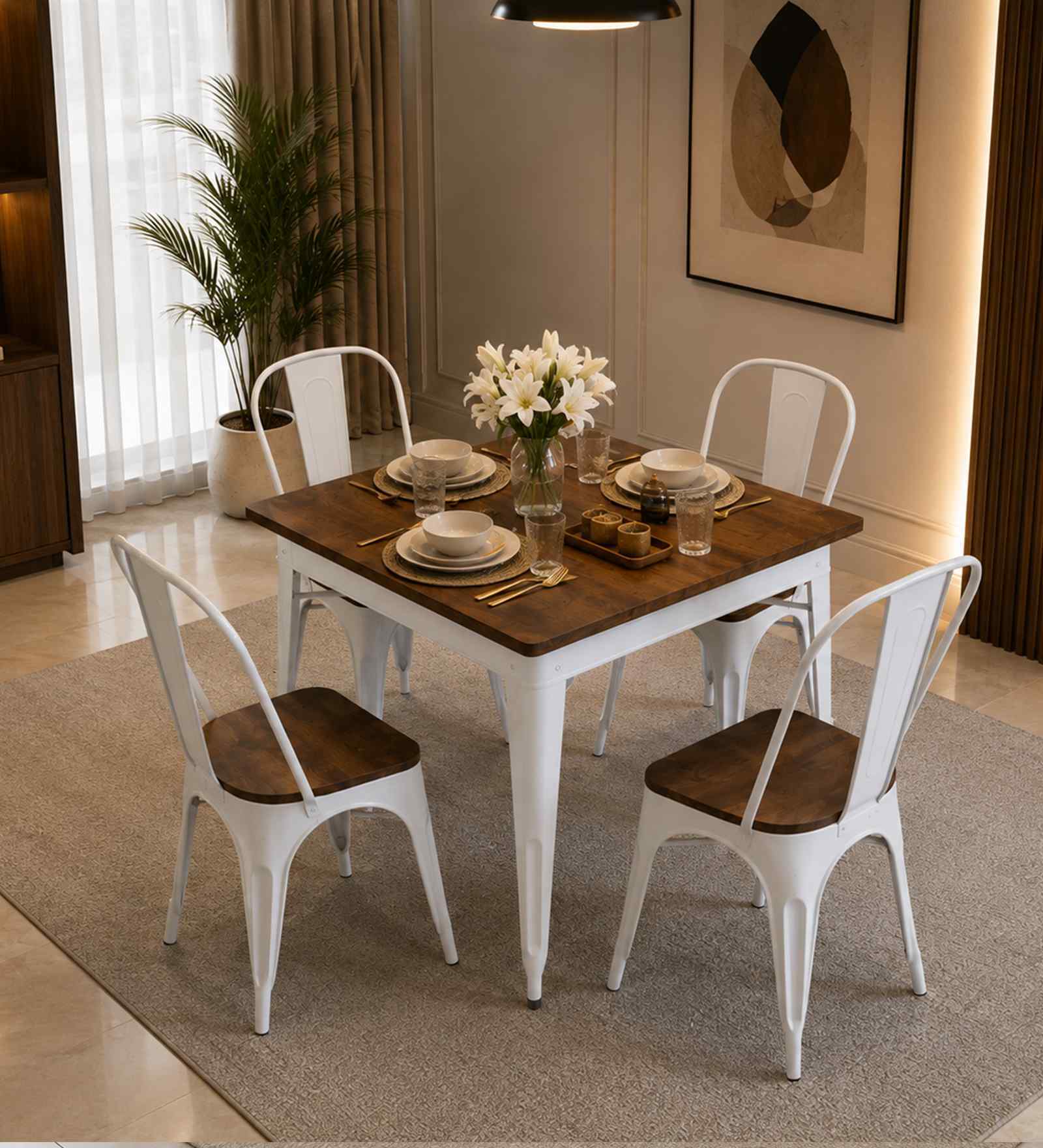 Spaulding Metallic 4 Seater Dining Set In White Colour