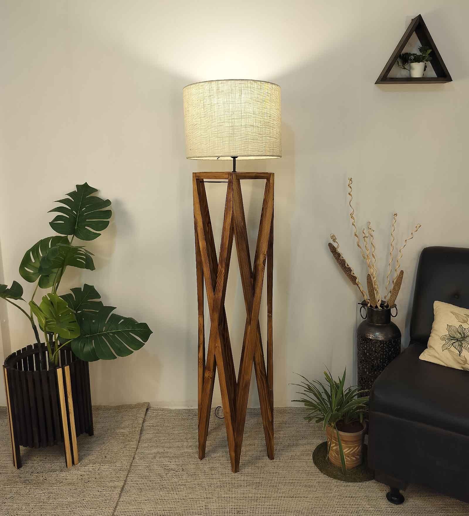 Spectre Wooden Floor Lamp with Brown Base and Jute Fabric Lampshade Spectre Wooden Floor Lamp with Brown Base and Jute Fabric Lampshade