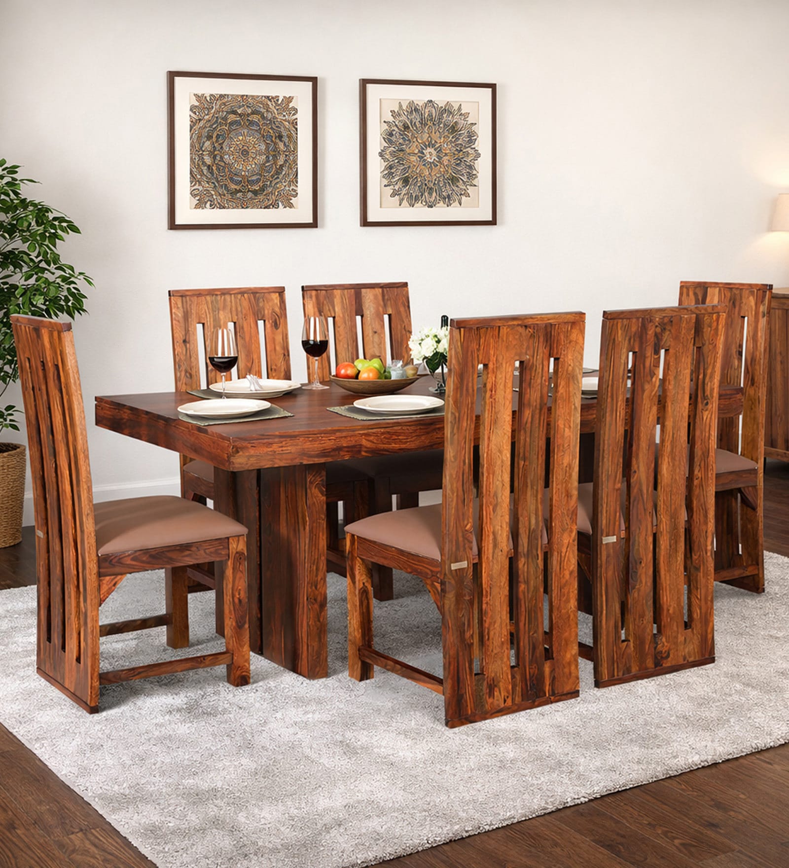 Speyer Sheesham Wood 6 Seater Dining Set In  Honey Oak  Finish