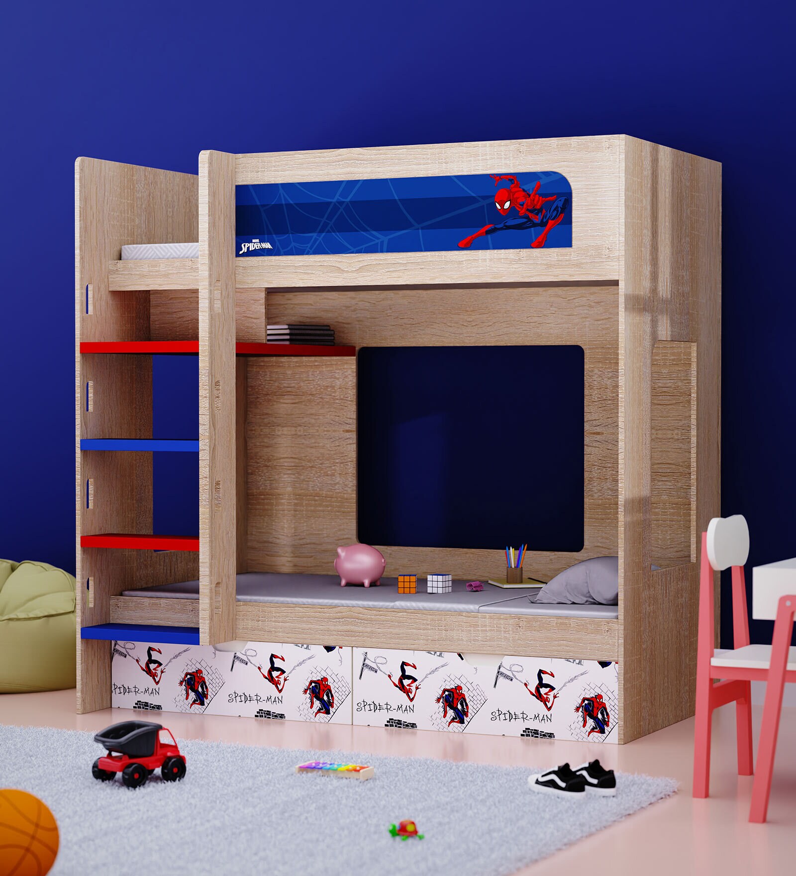 Spiderman Bunk Bed in Oak Finish with Drawer Storage