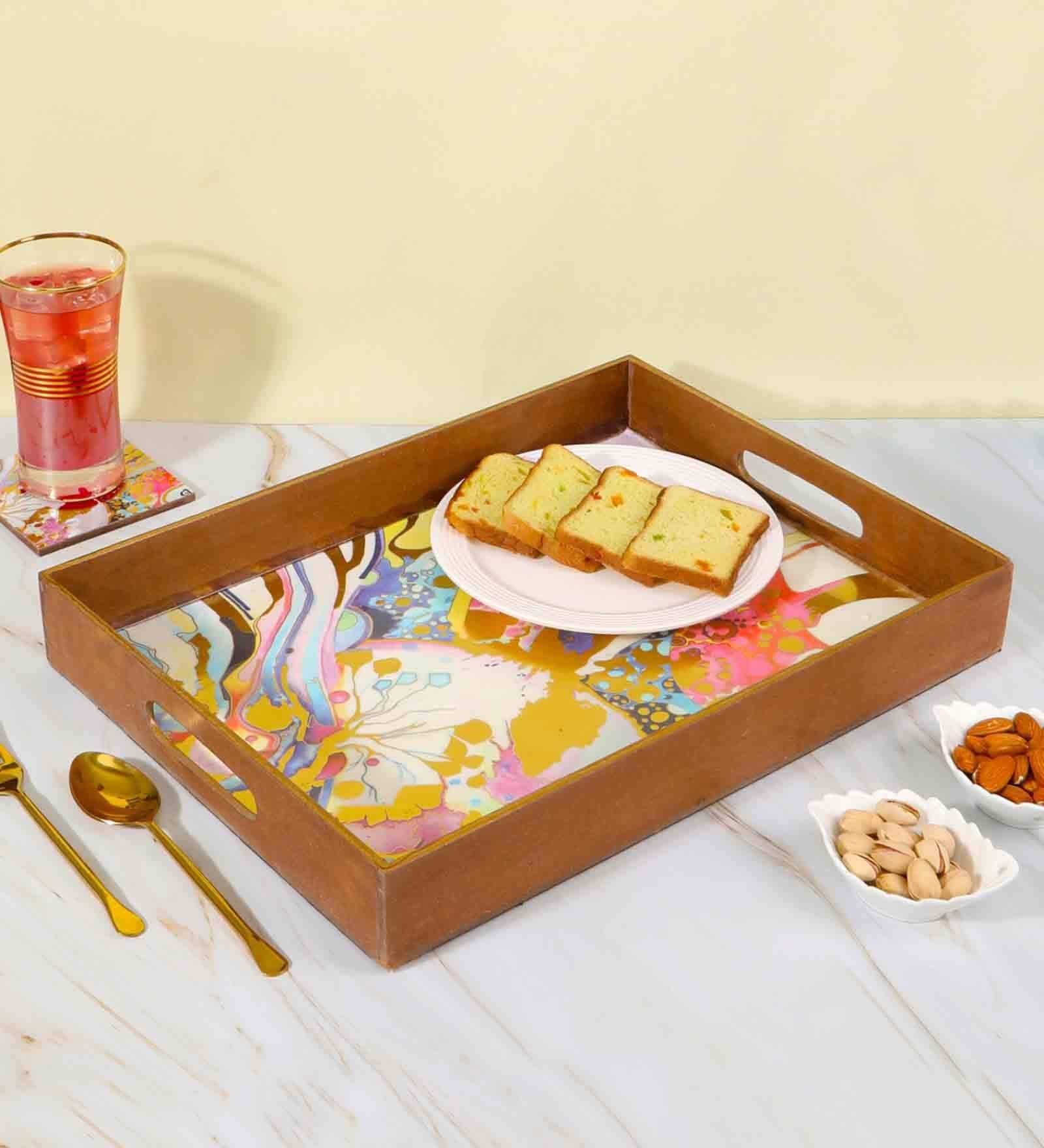 Splash Multicolour  & Gold MDF Wood Rectangle Serving Trays