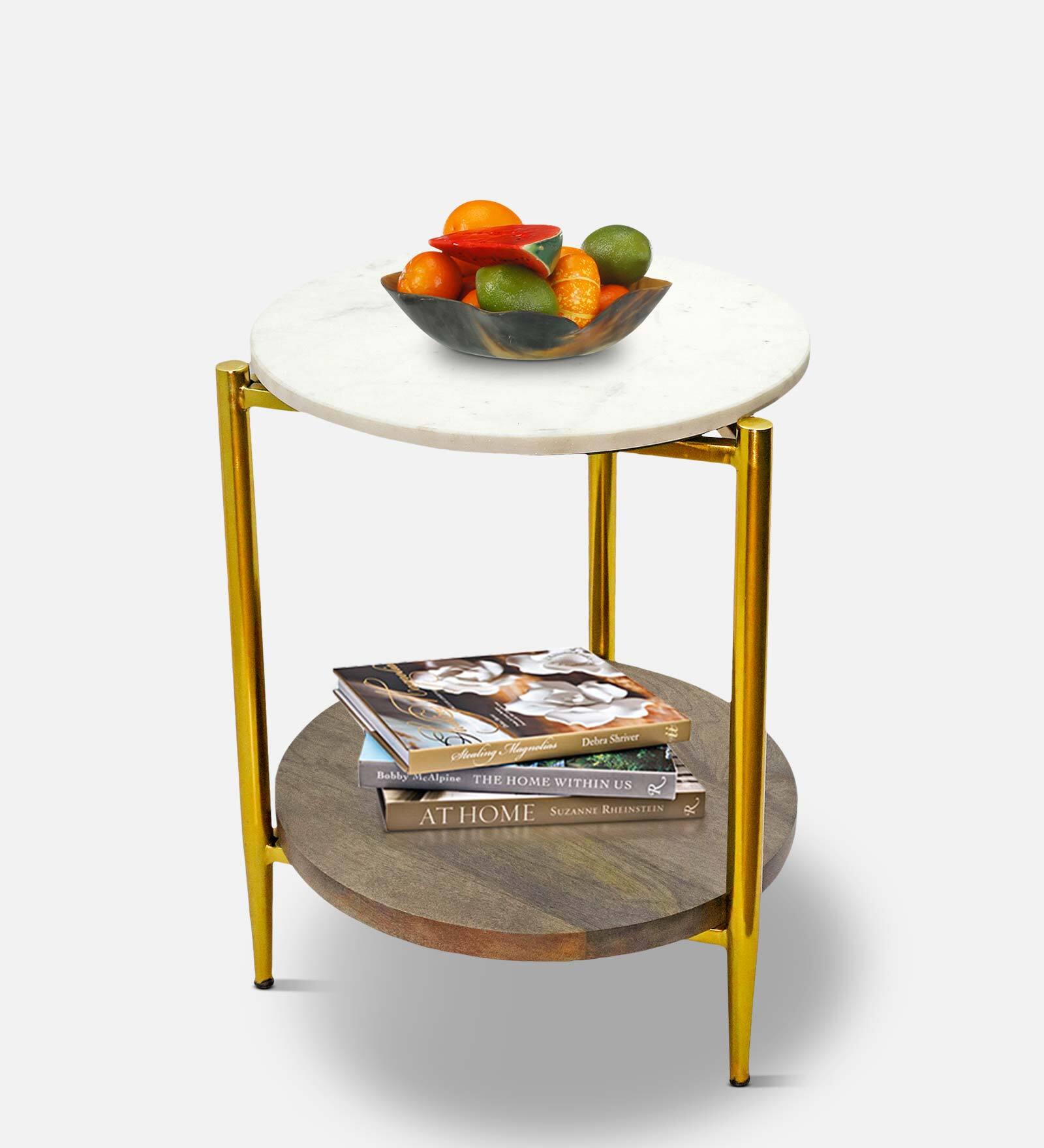 Splinder Metal End Table in White & Natural Finish