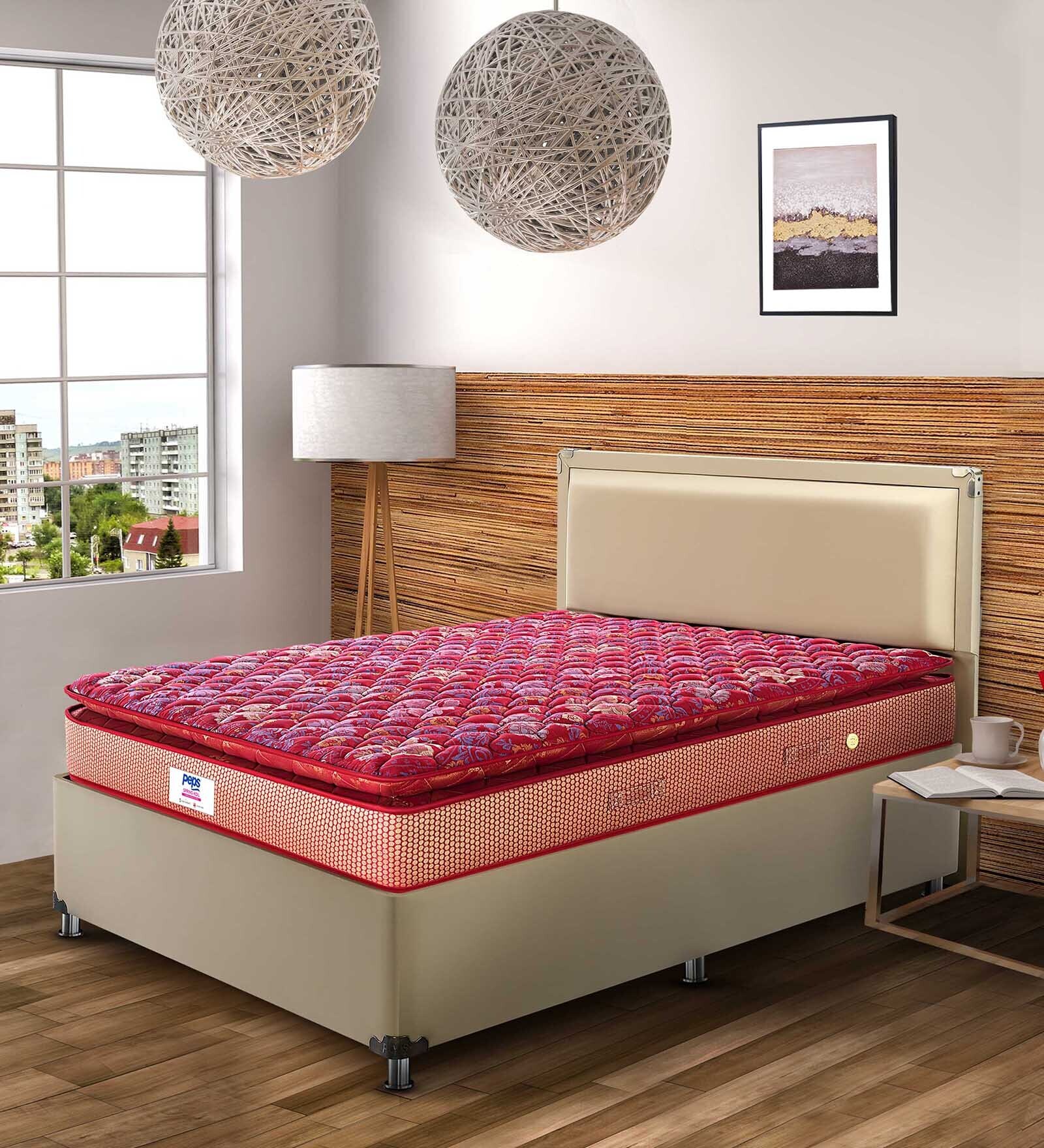 Spring Koil Reversible 8 inch Bonnell Spring Queen Size Mattress in Dark Maroon Colour (With 2 Free Pillows)