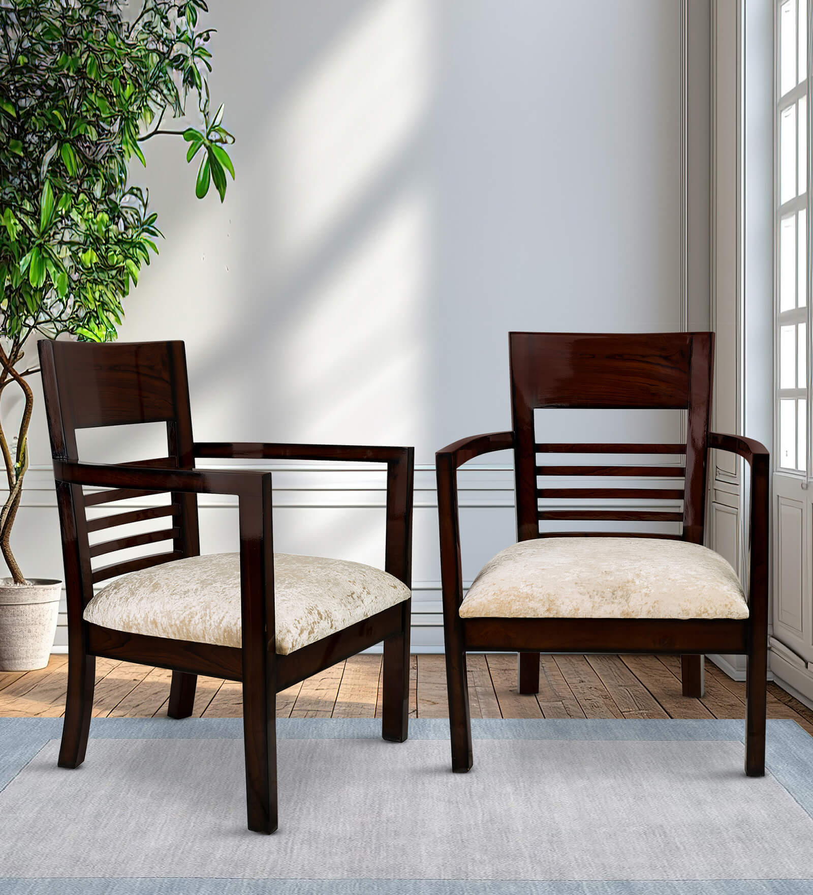 Spring Teak Wood Arm Chair In Brown Finish (Set of 2)