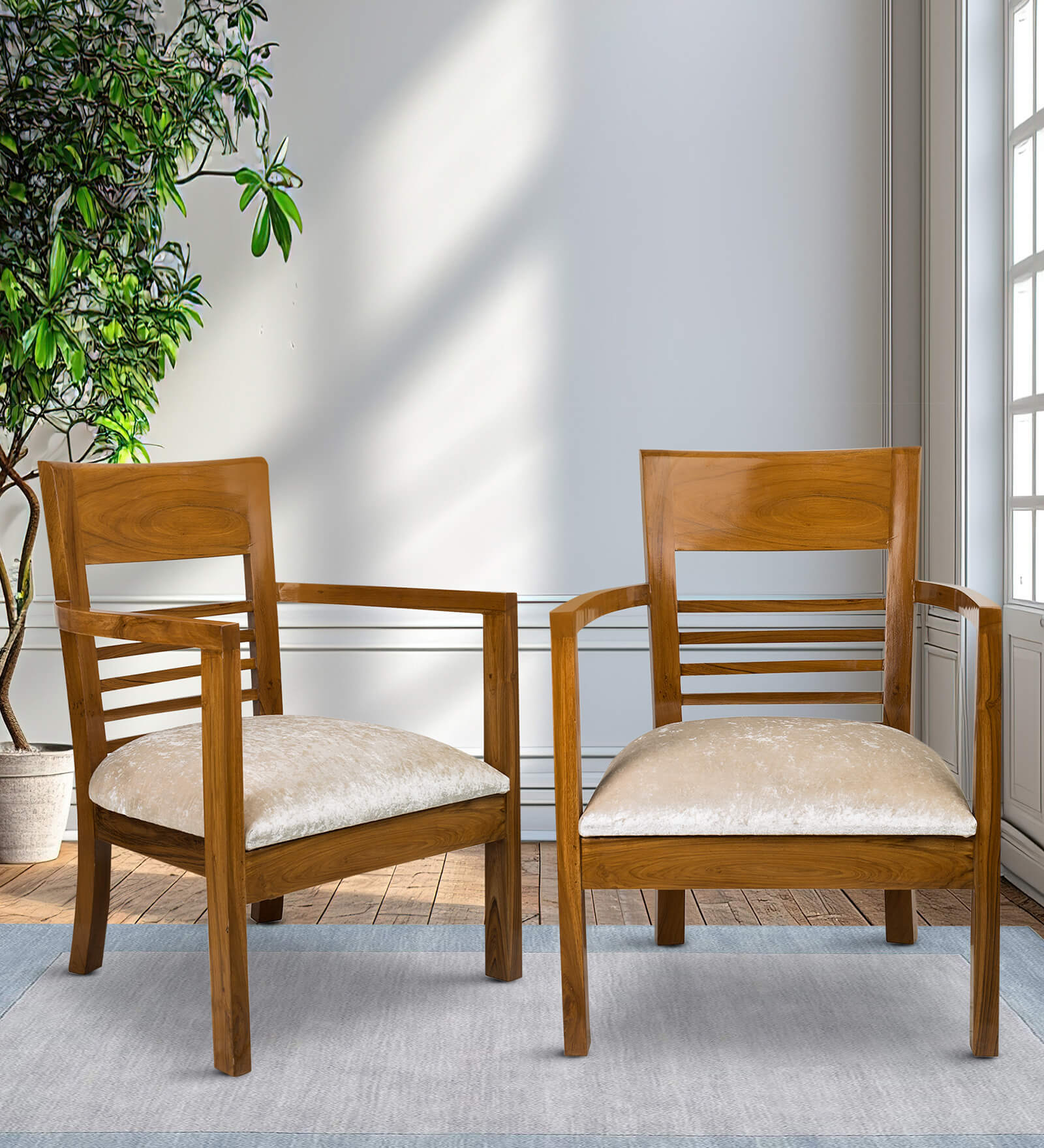 Spring Teak Wood Arm Chair In Teak Finish (Set of 2)