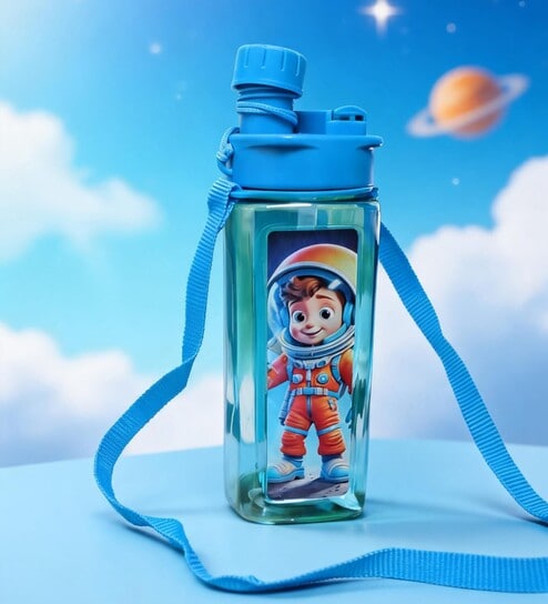 Space Boy Printed Plastic Water Bottle with Straw & Strap, 600 ml