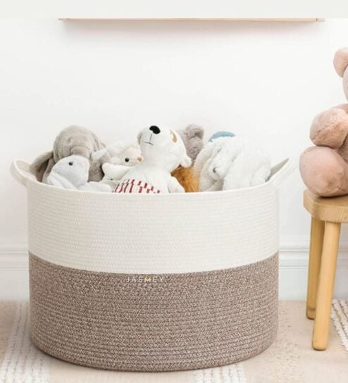 Spacious White & Brown Jute Laundry Basket