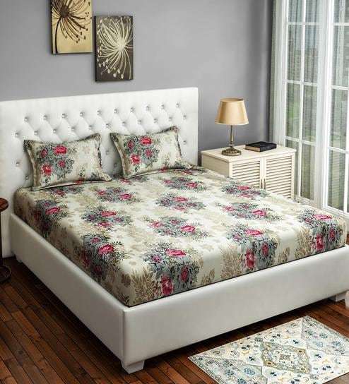 Grey Sparkle Cotton 144TC Fitted King Size Bedsheet with 2 Pillow Covers