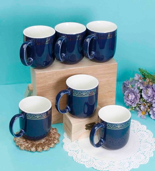 Sparkle 200 ml Navy Blue Porcelain Tea Cup (Set of 6) by Vola