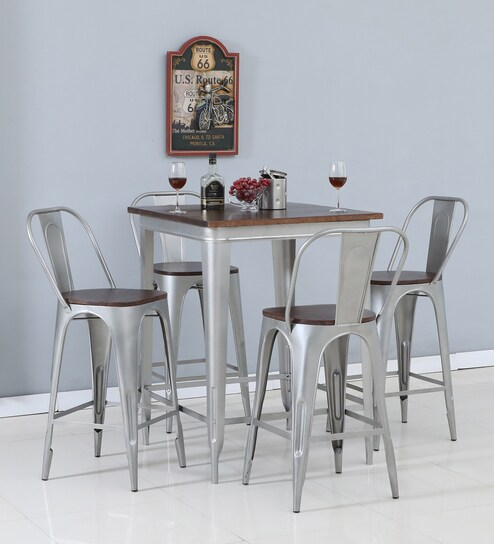 Spaulding Metal Bar Table Set in Silver Finish With 4 Chairs
