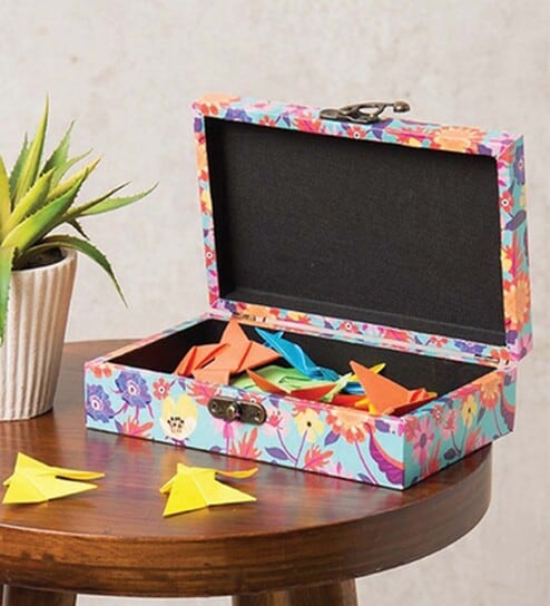 Teal Mdf Spring Blooms Canvas Trinket Decorative Box