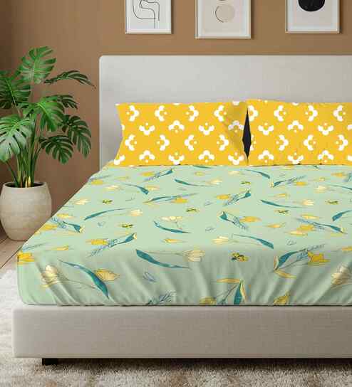 Sprinkle Soft Green Floral 144 Tc Cotton Double Bedsheet With 2 Pillow Covers