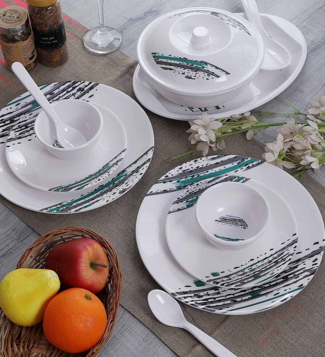 buy-square-40-pcs-white-green-melamine-dinnerware-set-at-14-off-by