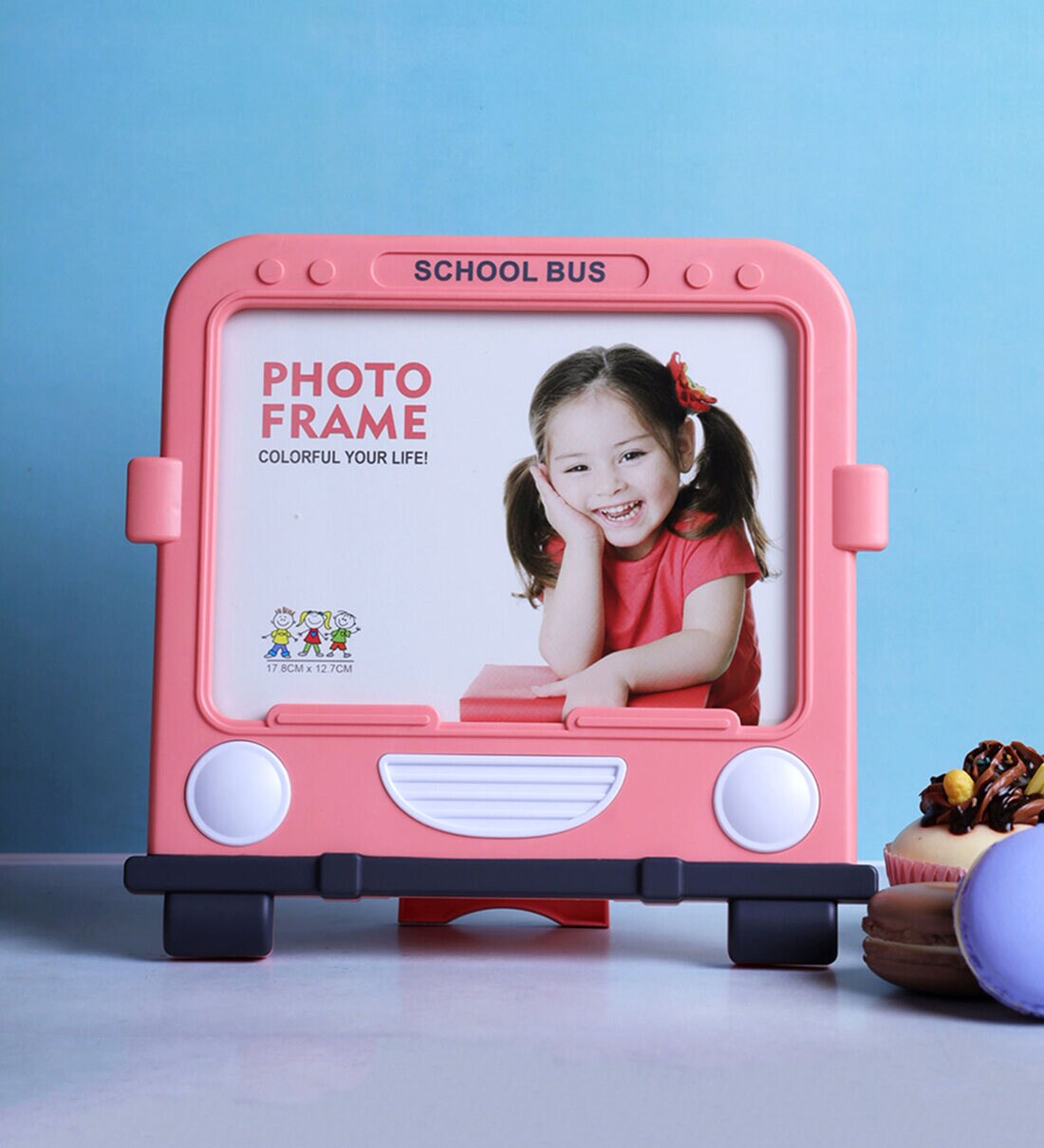 Square School Bus Pink Plastic Kids Photo Frame