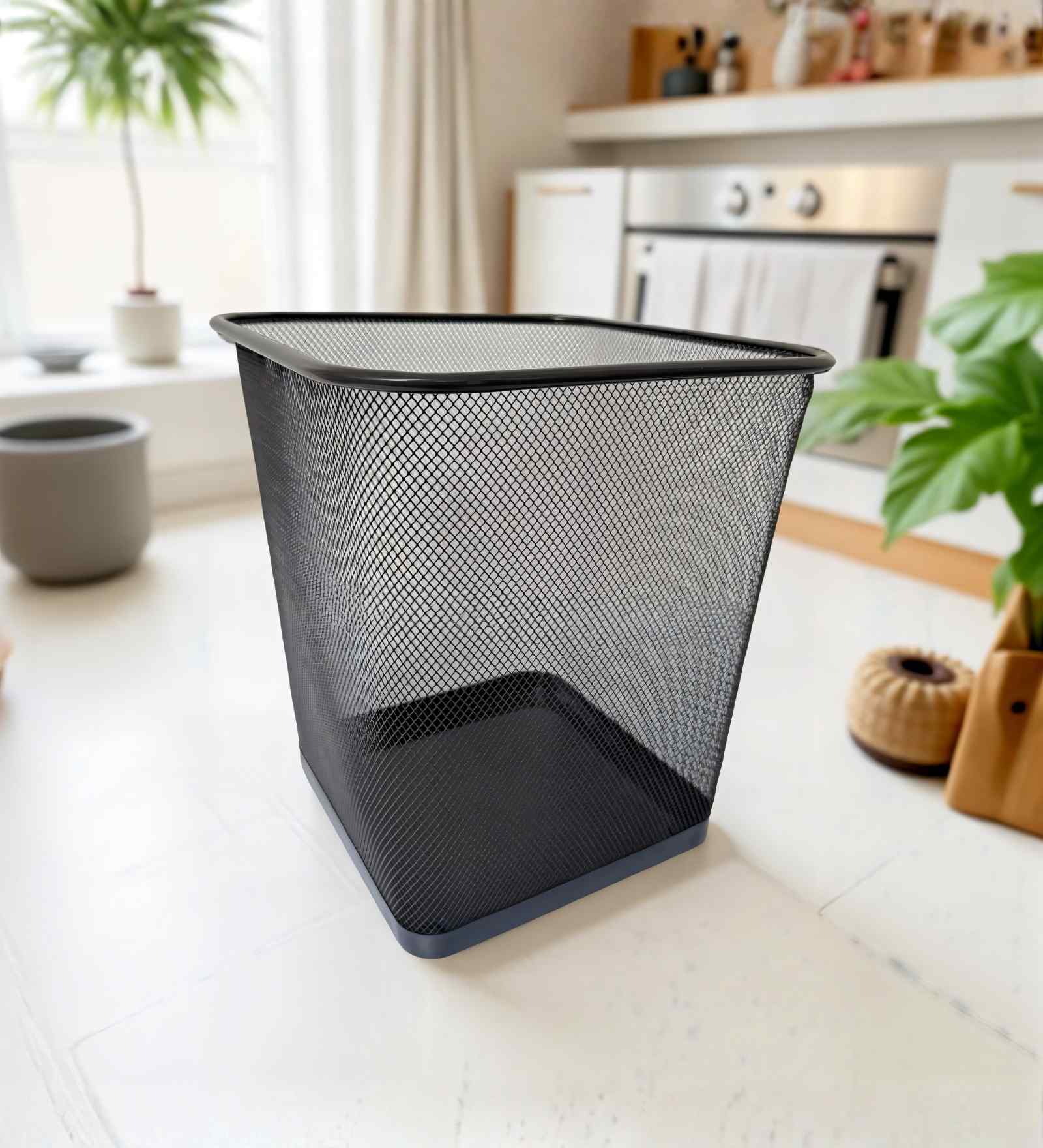 Square Ash Grey Metal Mesh Dustbin, Modern Breathable Waste Basket