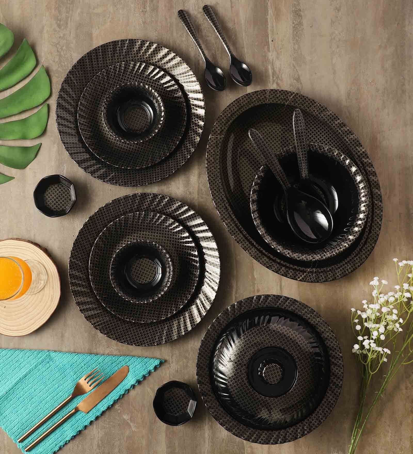 Square 46 Pcs Black & Gold Melamine Dinnerware Set