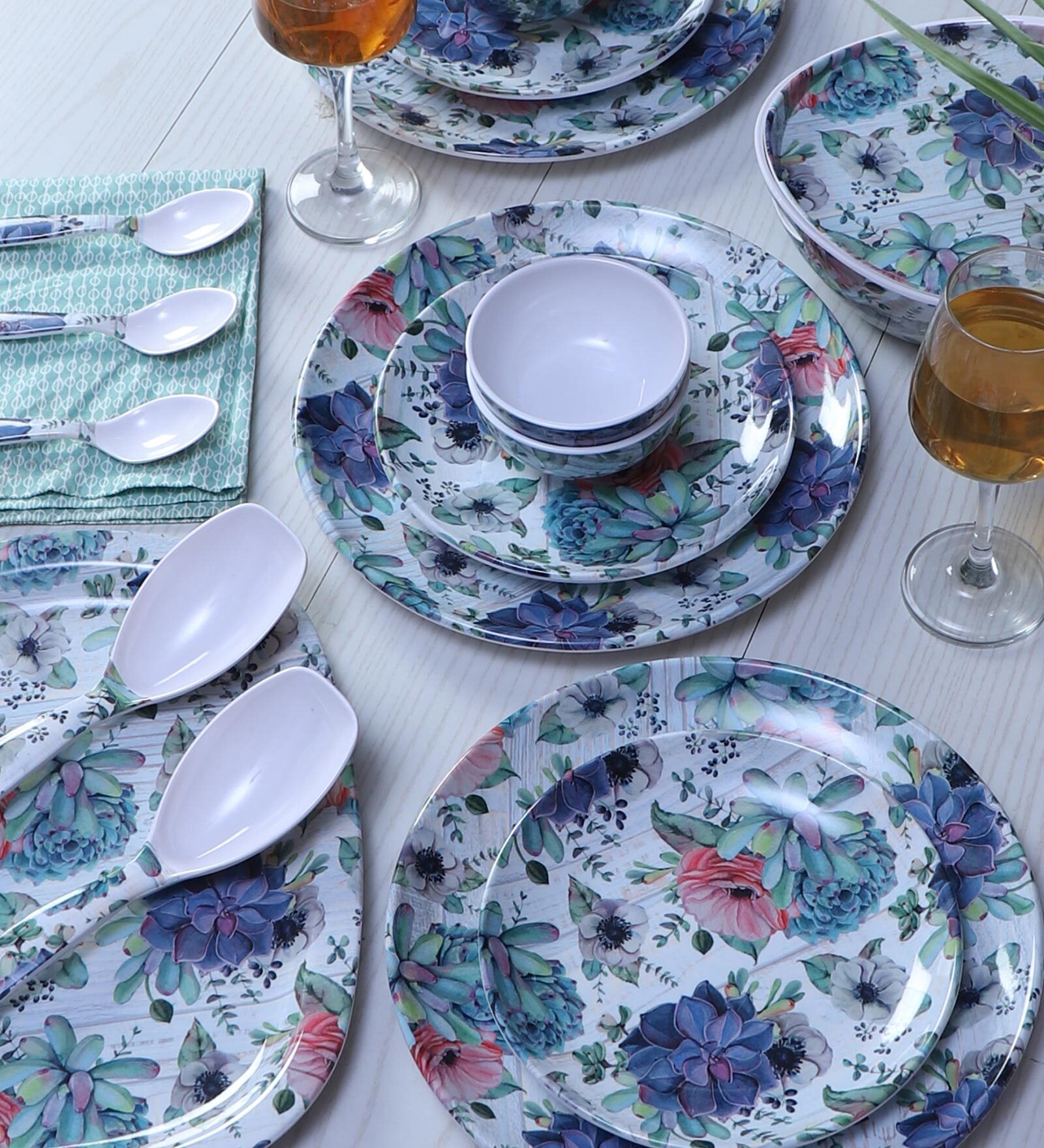 Square Blue Floral (Set of 41) Blue Melamine Dinner Set