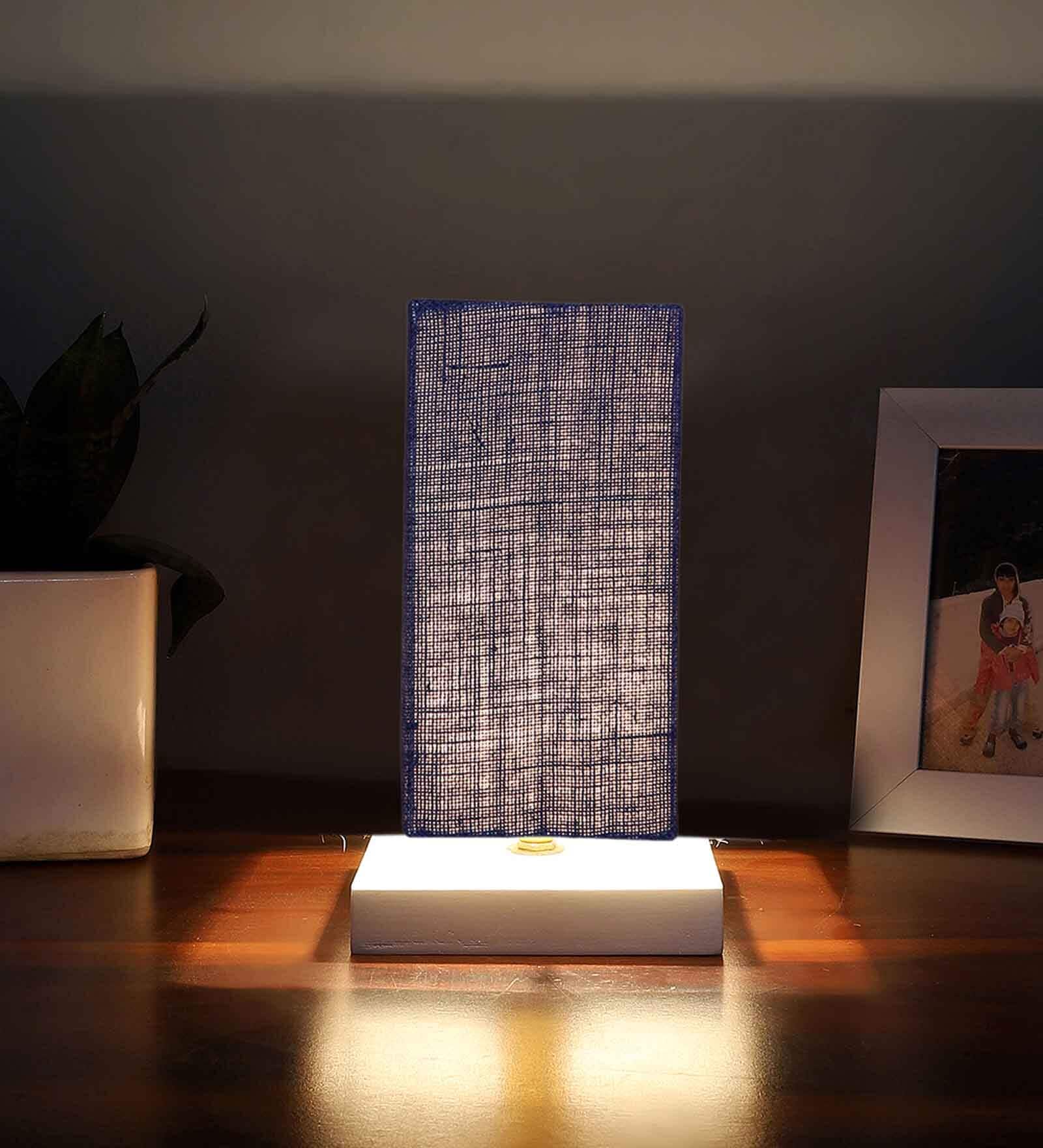 Square Blue Jute table lamp with White wood base -52
