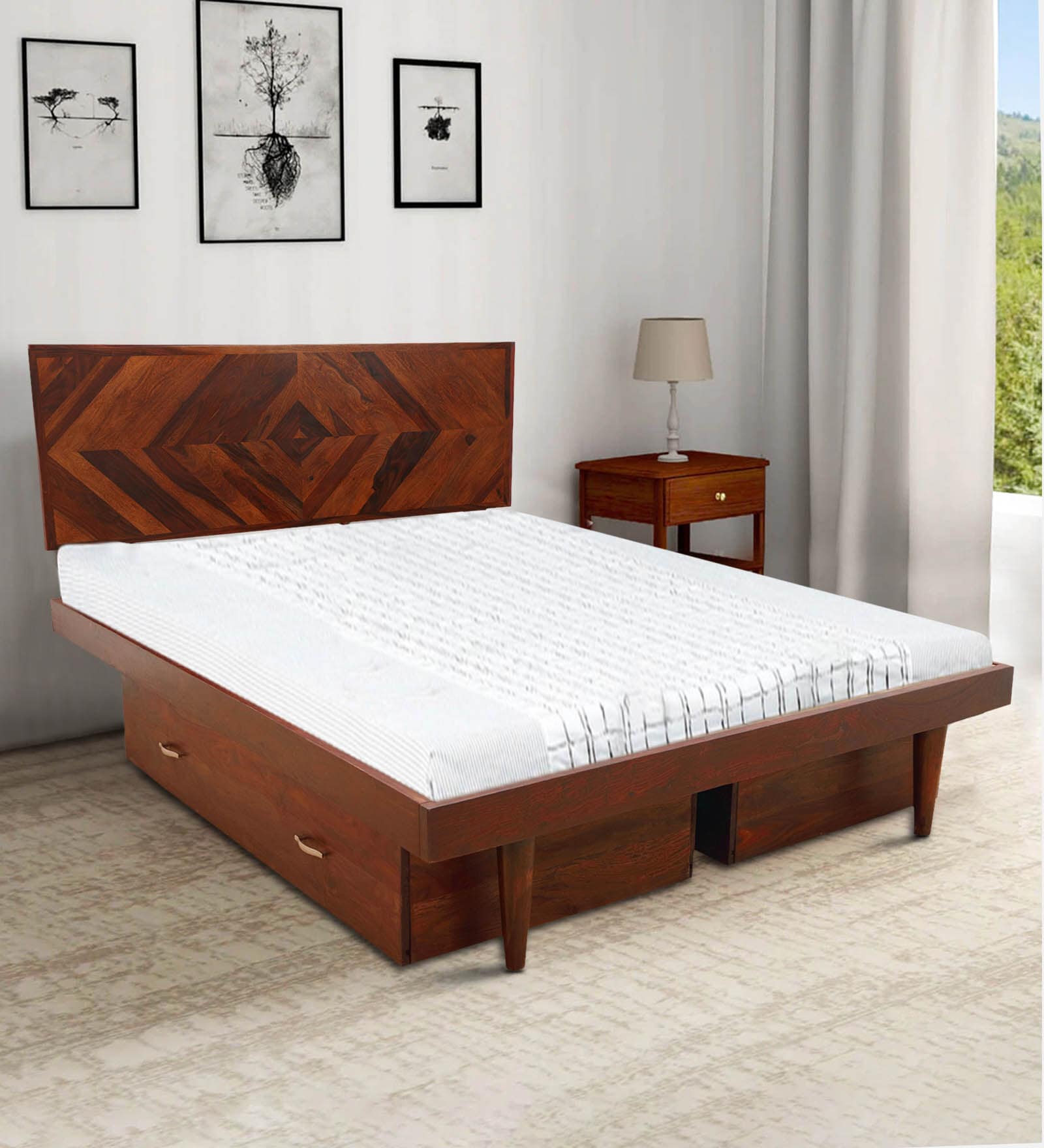 Square Diamond Sheesham Wood King Size Beds with Drawer Storage In Honey Finish