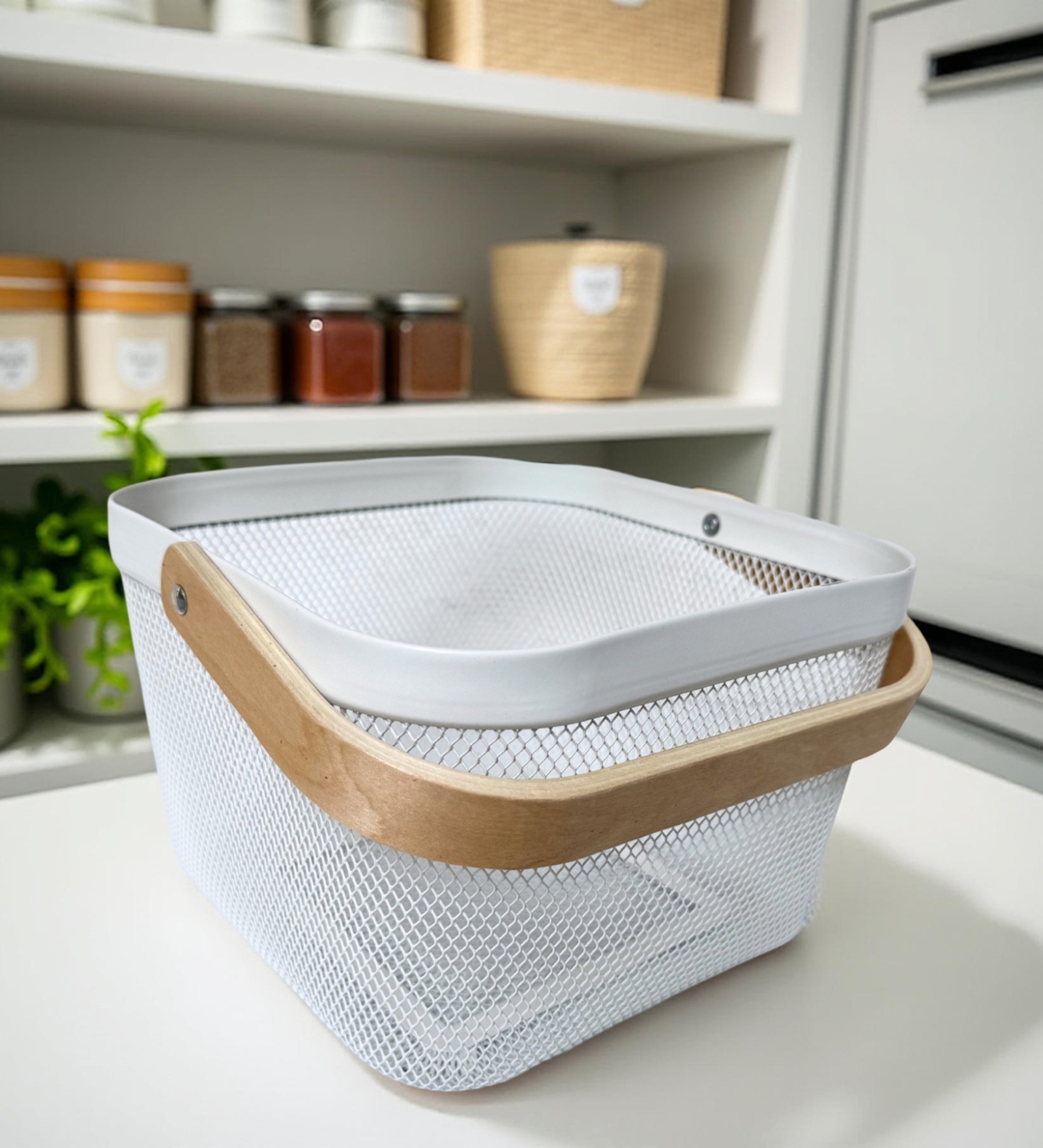 Square Ecru White Powder-Coated Metal Mesh Storage Basket