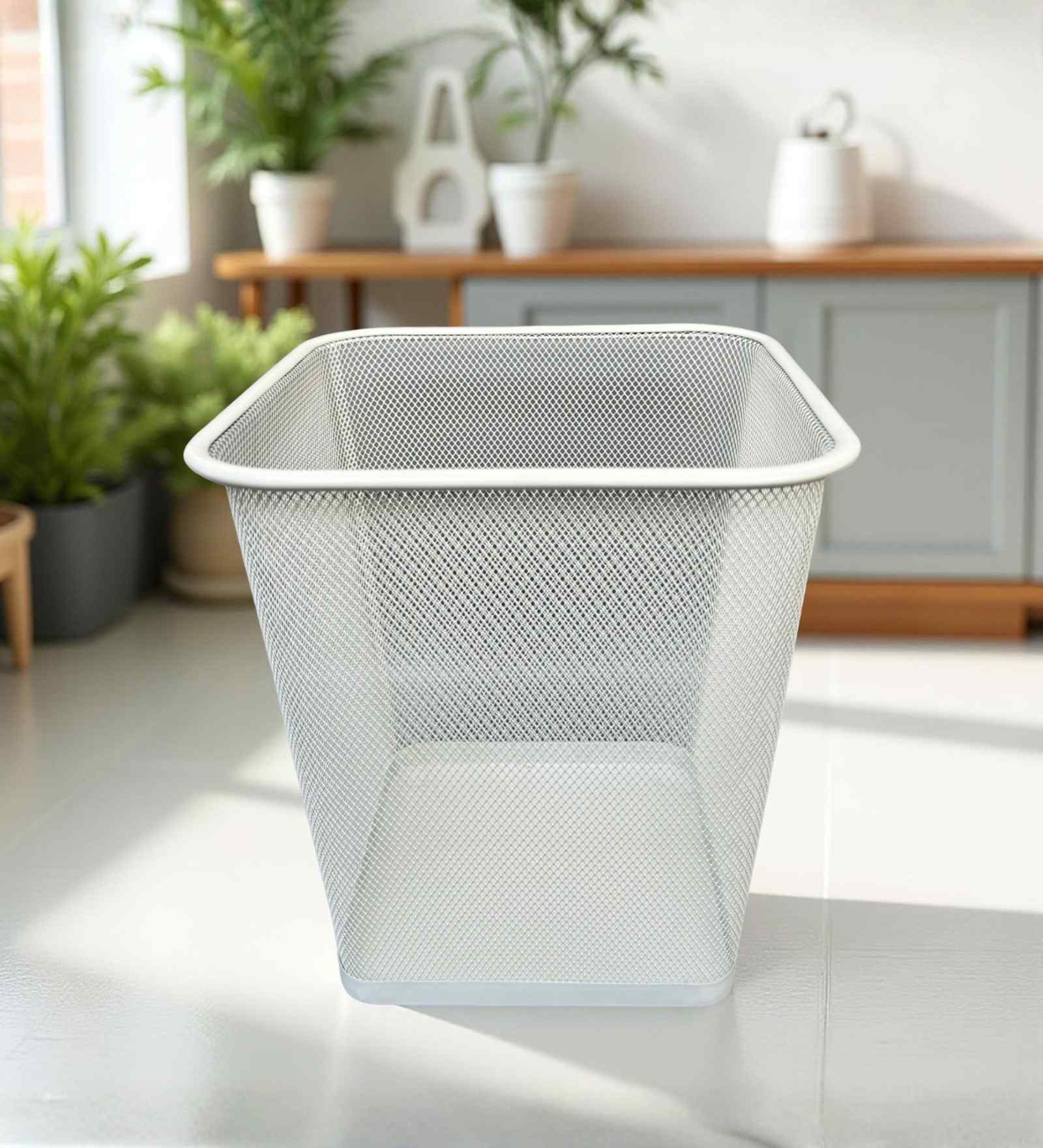 Square Ecru White Metal Mesh Dustbin, Modern Breathable Waste Basket