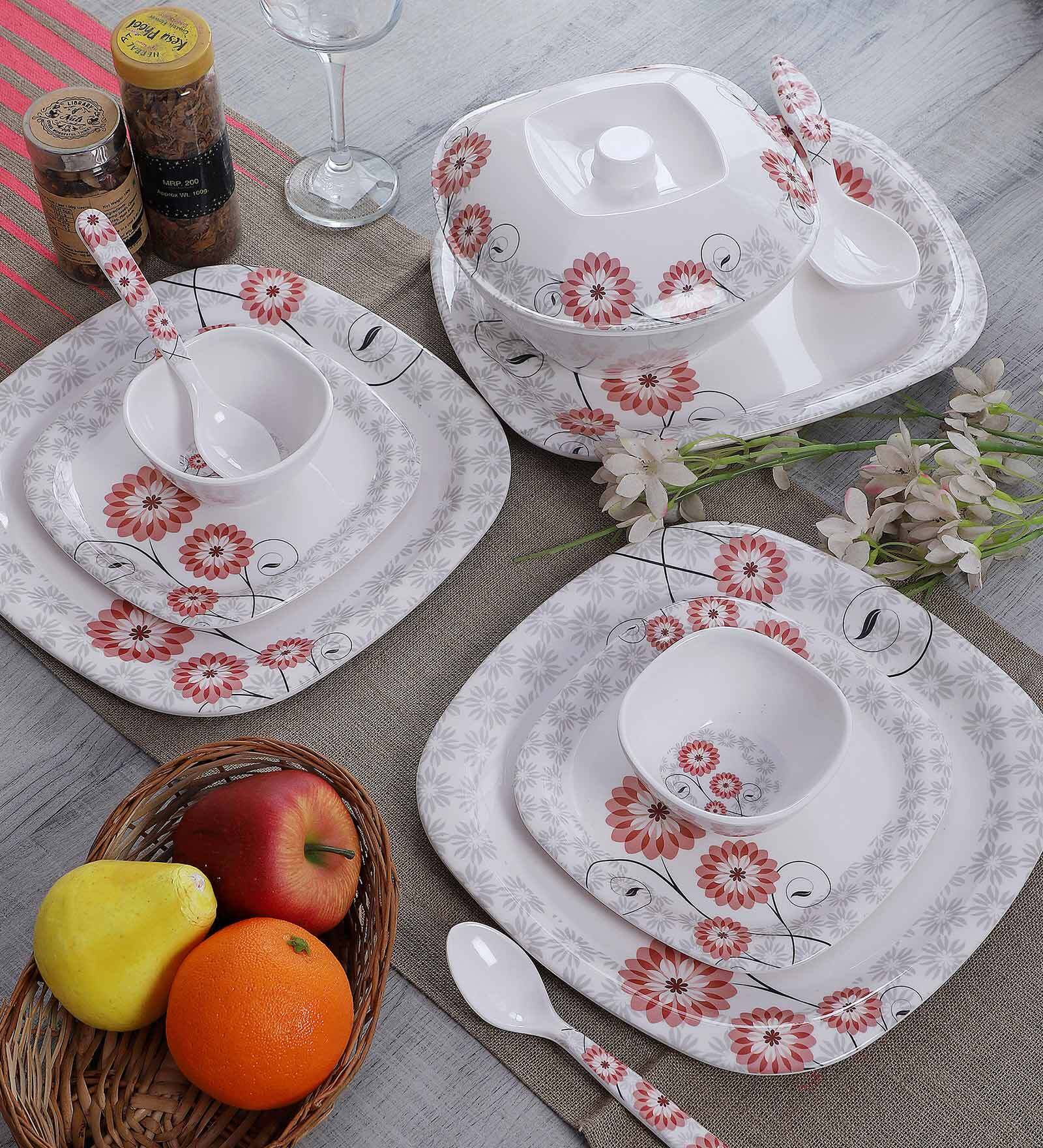 Square Floral 40 Pcs White & Red Melamine Dinnerware Set