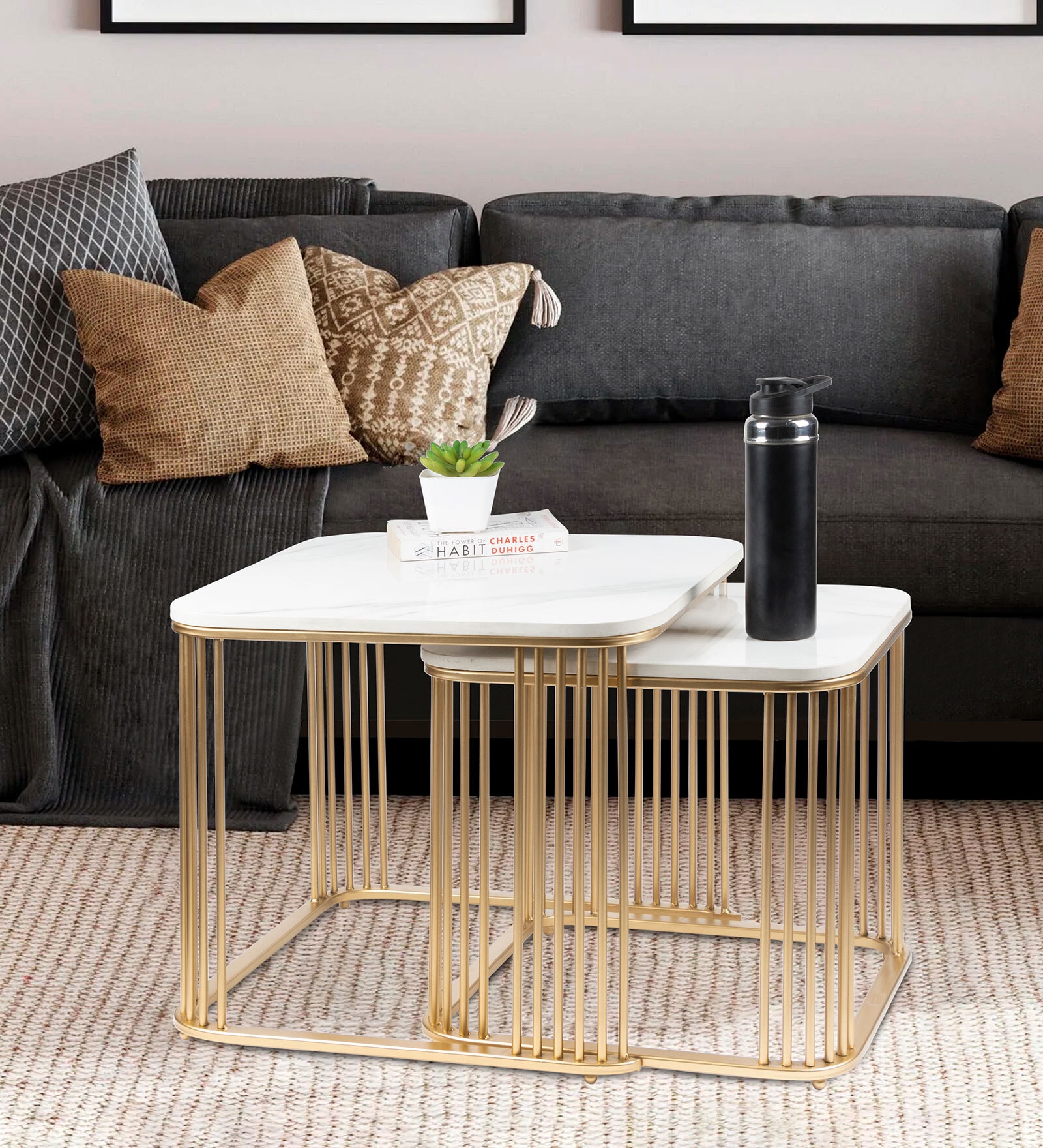 Moonstone Marble Top Nest of Tables in Gold Finish (Set Of 2) Moonstone Marble Top Nest of Tables in Gold Finish (Set Of 2)