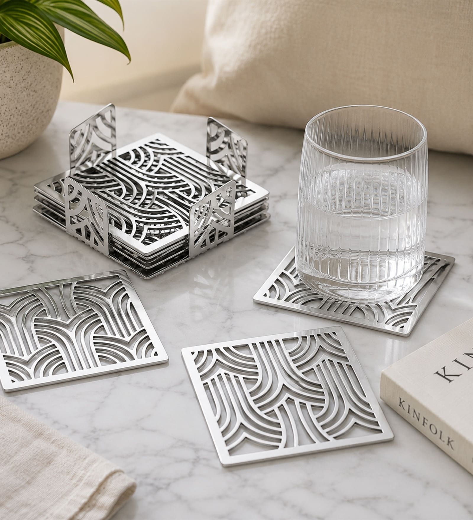 Silver Square Jali Coasters Set Of 4