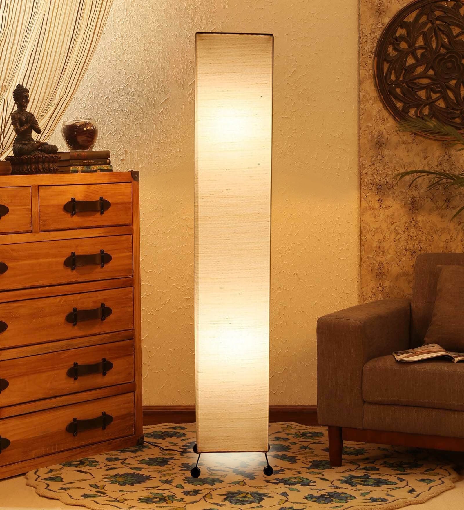 Beige Fabric Shade Floor Lamp with Black Base