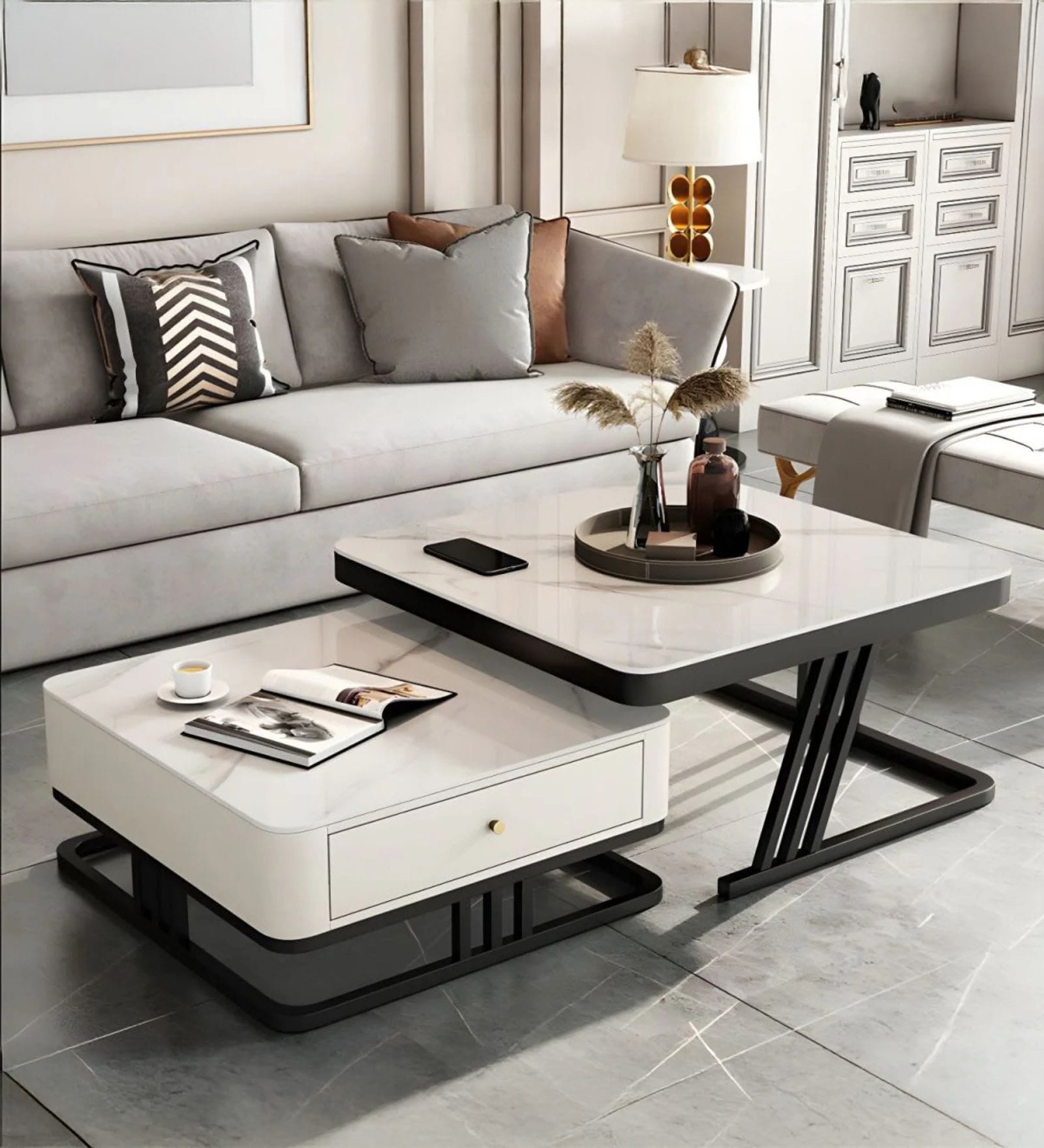 Square Marble Nesting Coffee Table In Black & Matt Gold Finish (Set of 2)