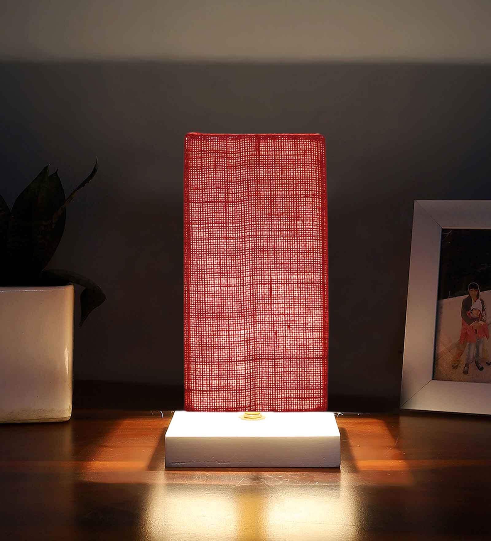 Square Maroon Jute table lamp with White wood base -51