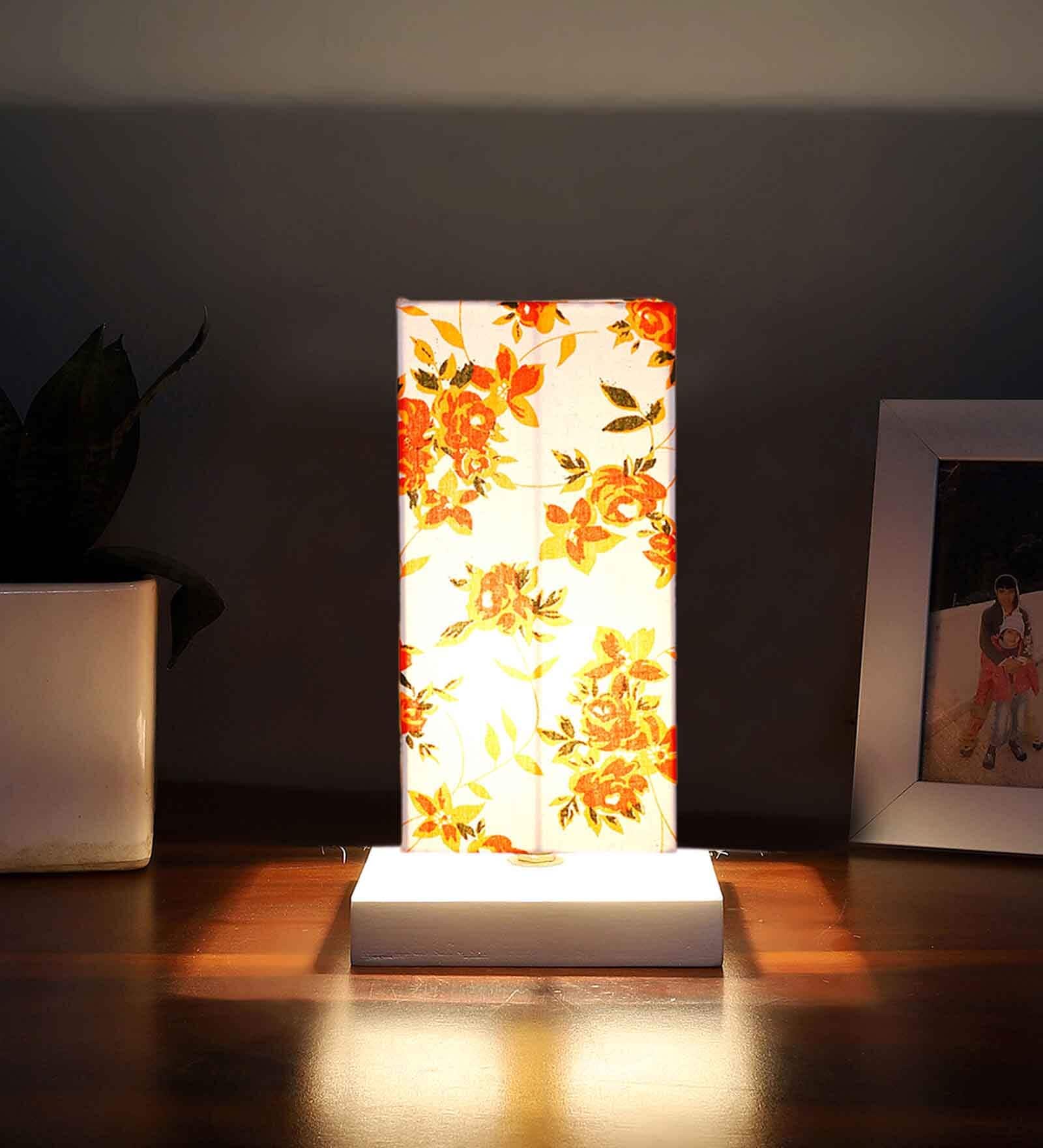 Square Multicolor Cotton table lamp with White wood base -55