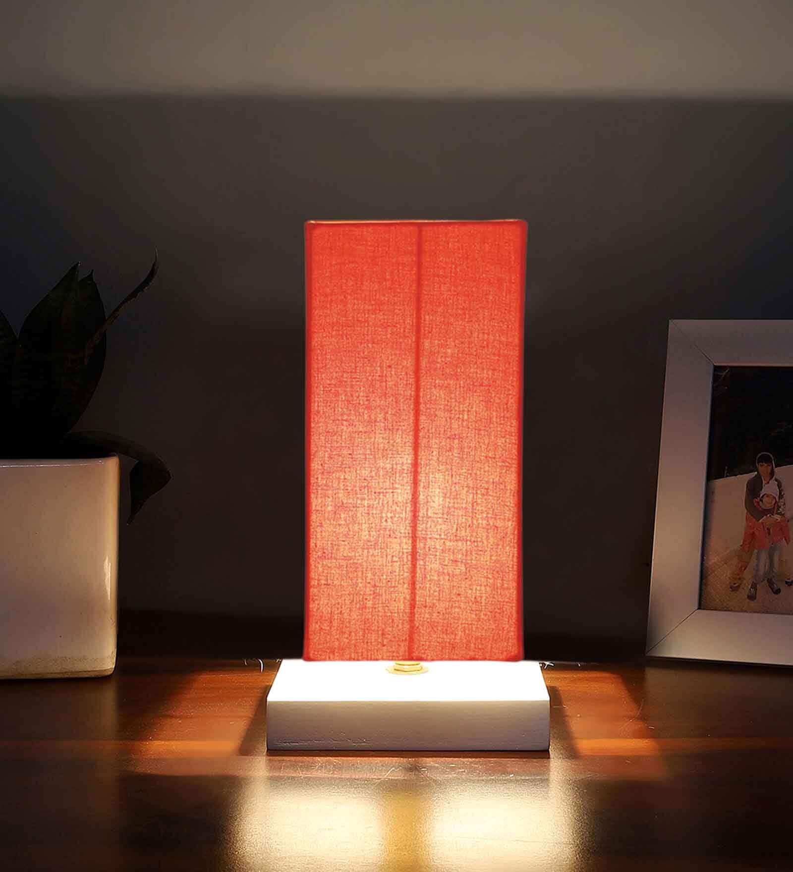 Square Orange Cotton table lamp with White wood base -45