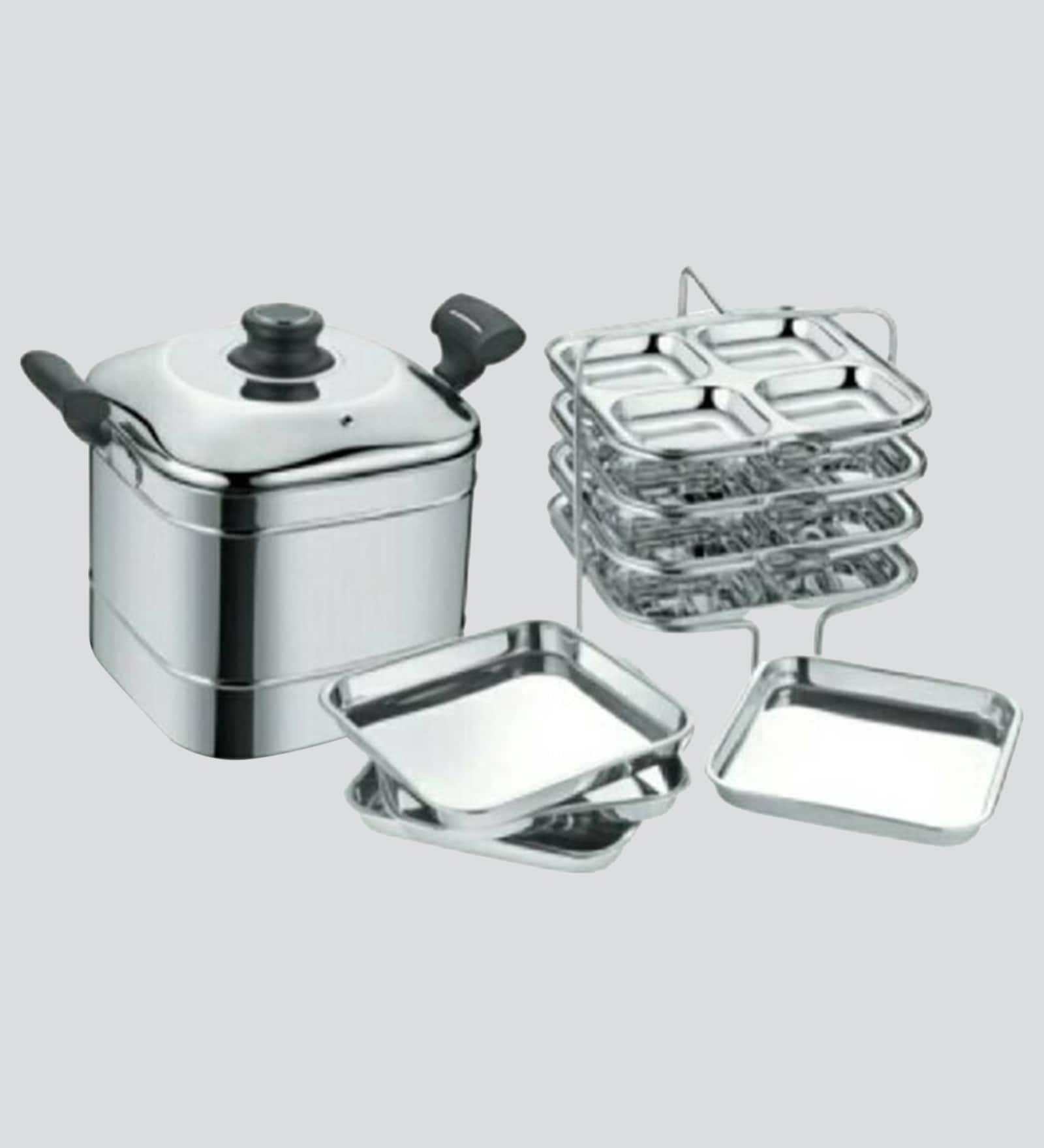 Square Steamer Plus Stainless Steel Idli Cooker 3 plates (3*4 Idlis ) & 3 dhokla Plates