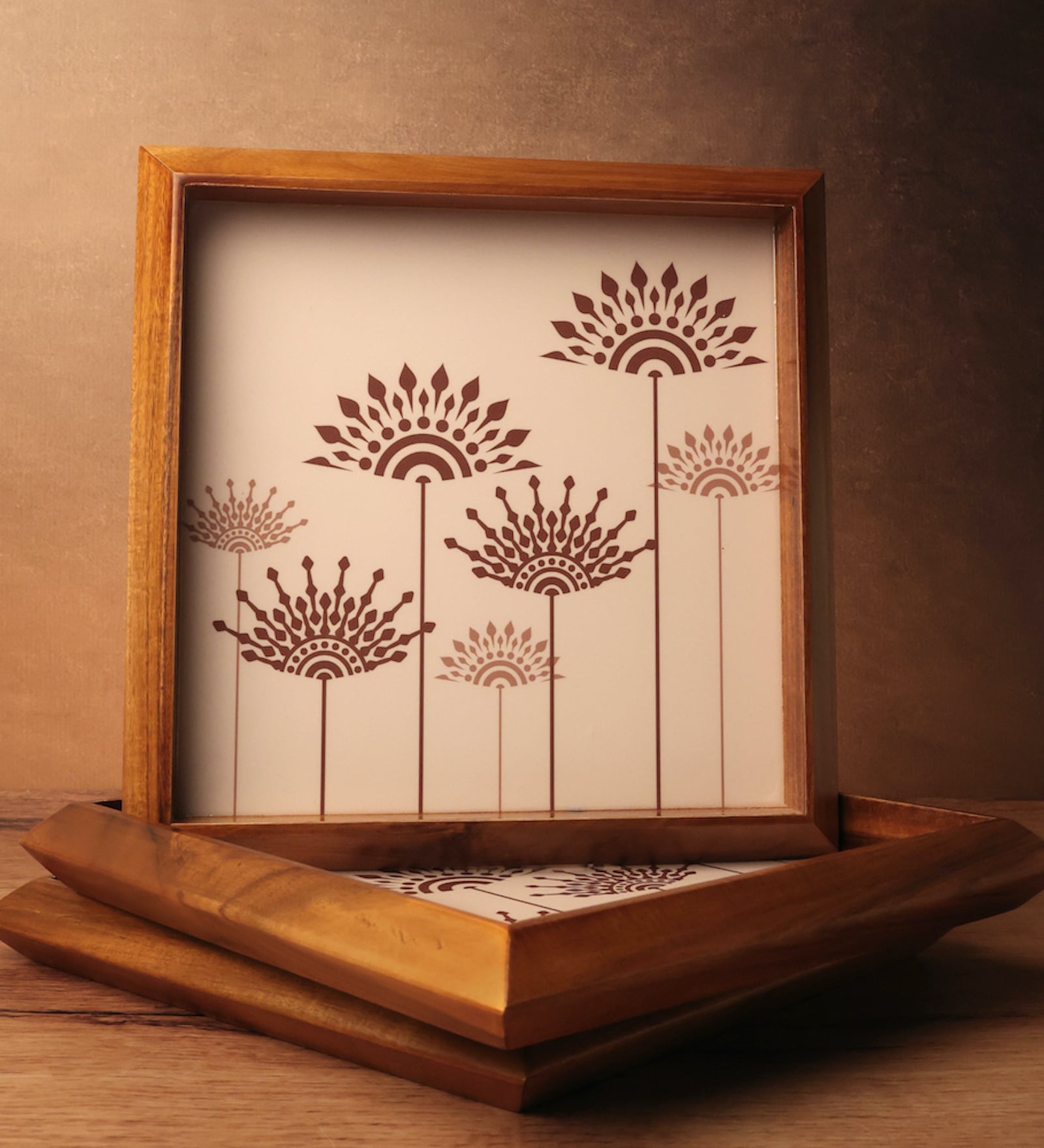 Peach Teak Wood Square Tray with Mandala Art