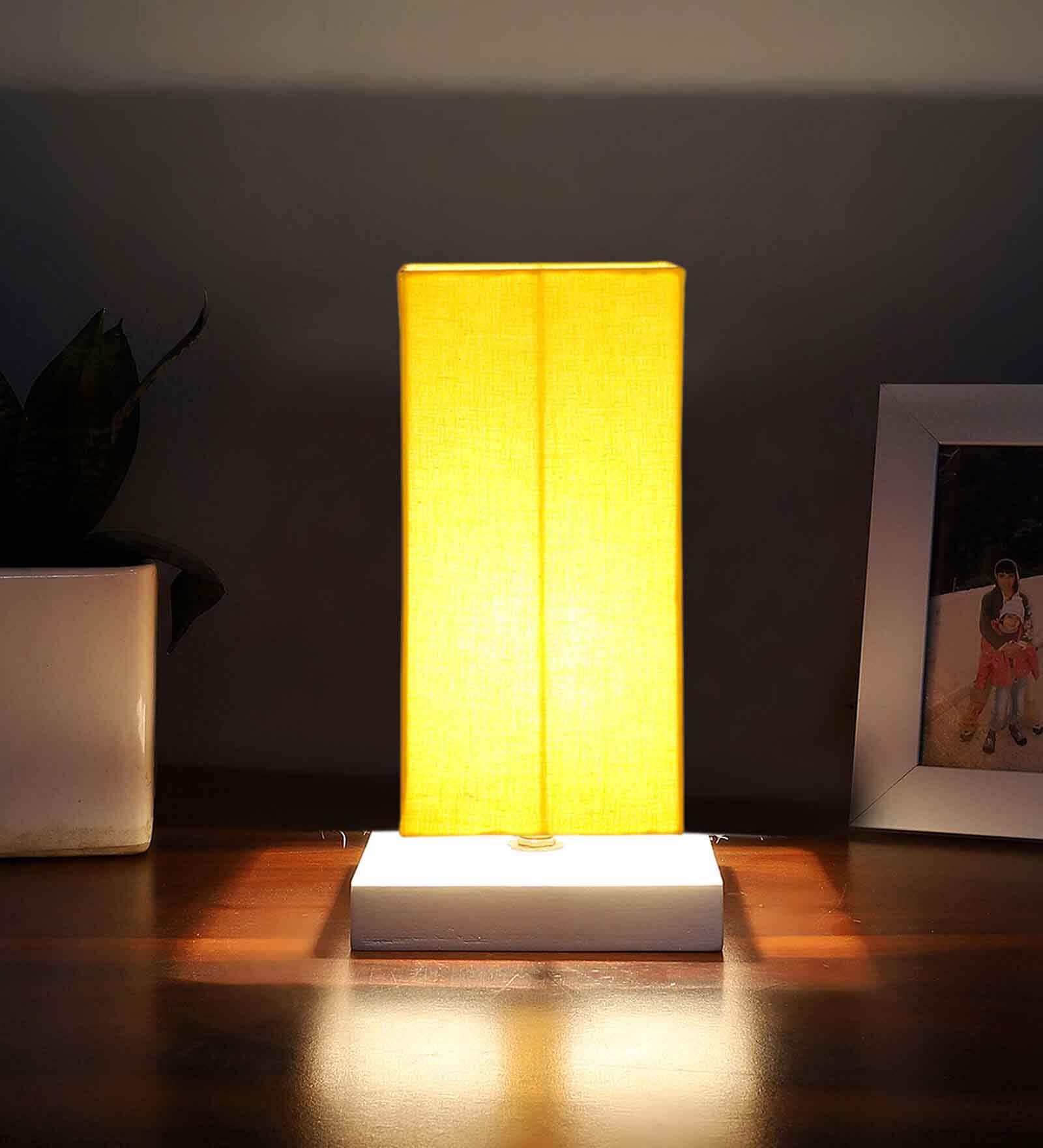 Square Yellow Cotton table lamp with White wood base -46