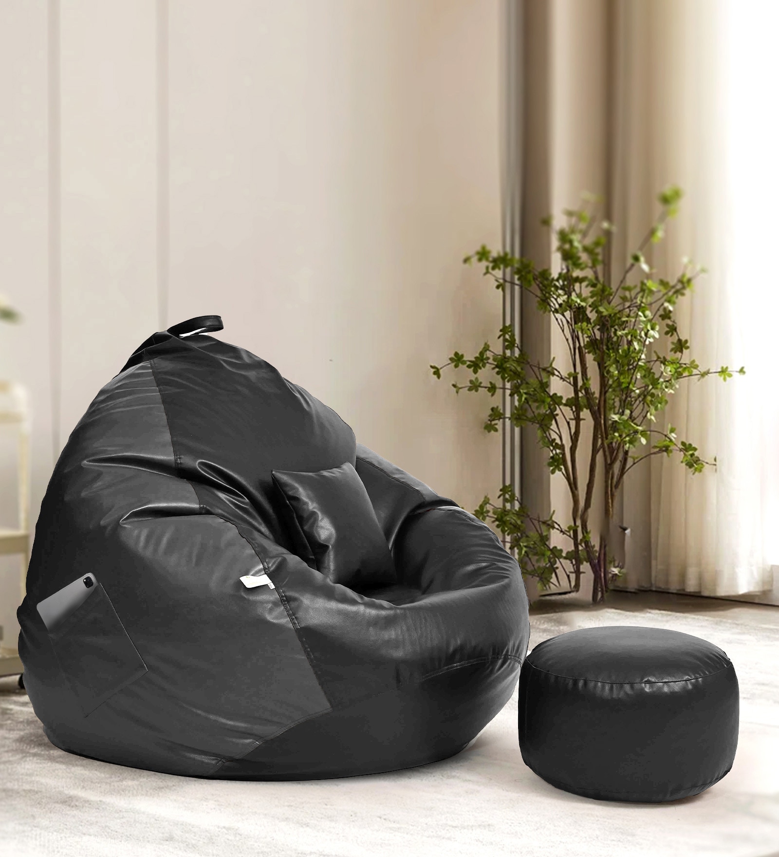 Squivo 3XL Leatherette Bean Bag  Filled with Beans WithFootrest, Cushion & Pocket In Black & Grey Colour