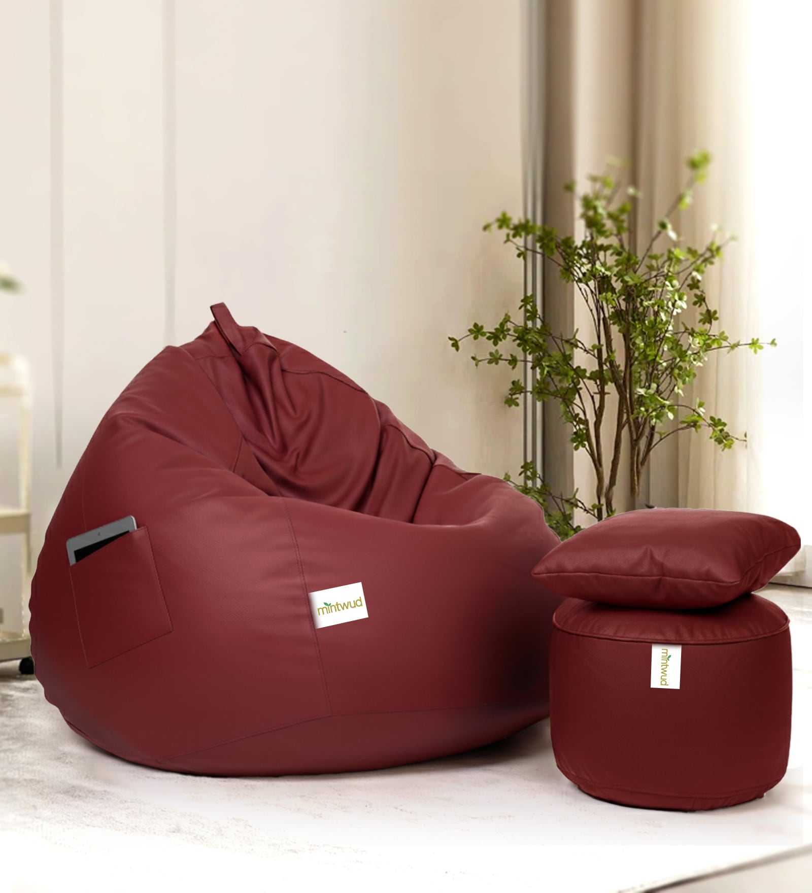 Squivo 3XL Leatherette Bean Bag Filled with Beans WithFootrest, Cushion & Pocket In Tan Colour