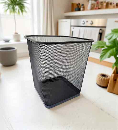 Square Ash Grey Metal Mesh Dustbin, Modern Breathable Waste Basket
