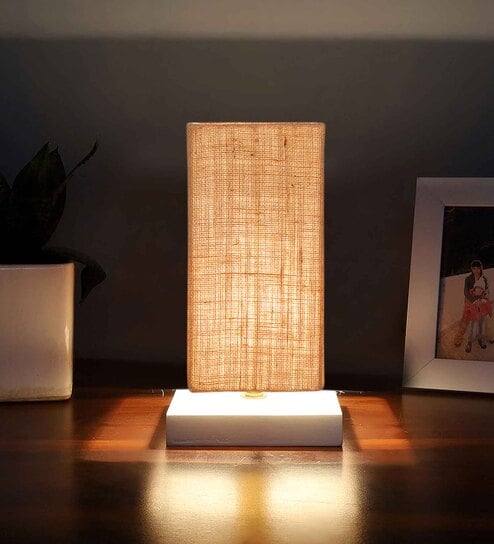 Square Beige Jute table lamp with White wood base -49