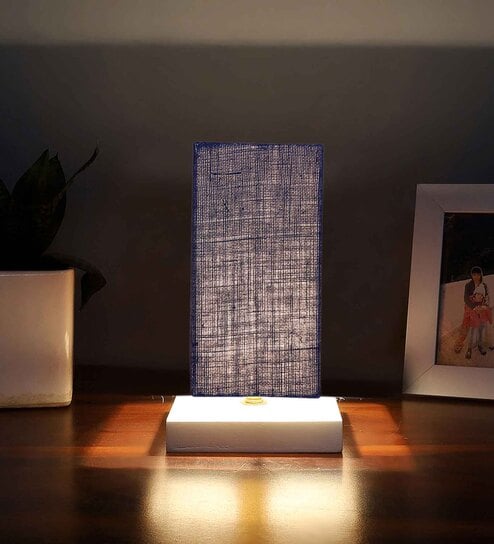 Square Blue Jute table lamp with White wood base -52