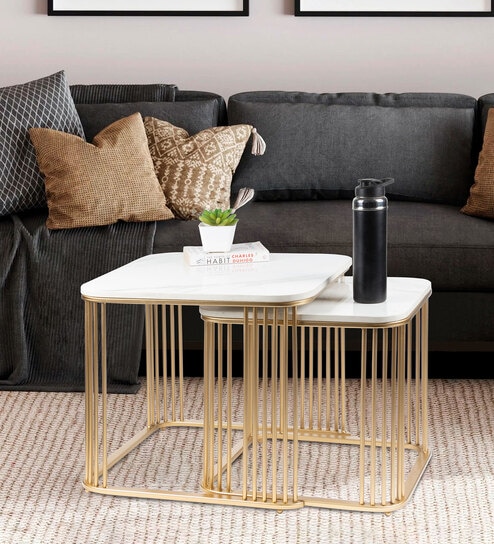 Moonstone Marble Top Nest of Tables in Gold Finish (Set Of 2)