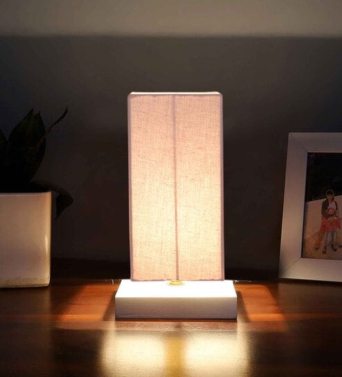 Square Grey Cotton table lamp with White wood base -47