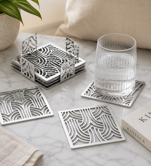 Silver Square Jali Coasters Set Of 4