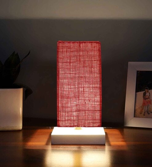 Square Maroon Jute table lamp with White wood base -51