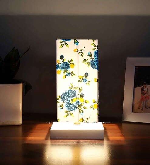 Square Multicolor Cotton table lamp with White wood base -54