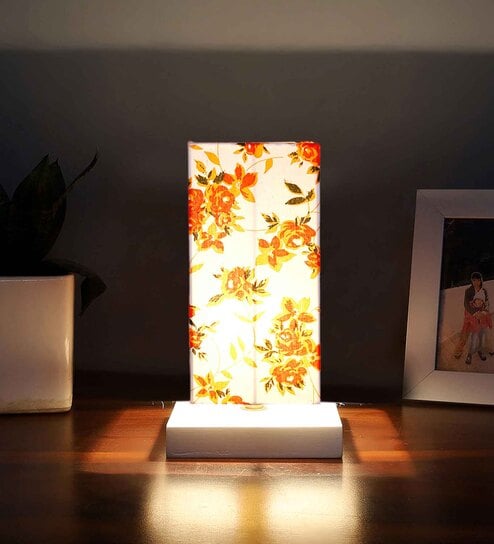 Square Multicolor Cotton table lamp with White wood base -55