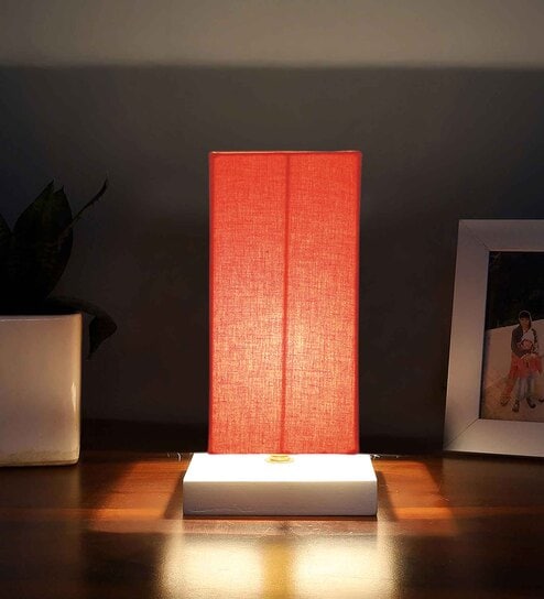 Square Orange Cotton table lamp with White wood base -45